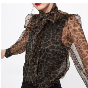NWT ZARA Animal Print Leopard Blouse with Bow Medium